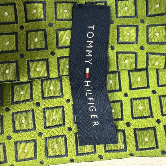 Tommy Hilfiger Mens Green & Navy 100% Silk Geometric Pattern Tie - Picture 4 of 4
